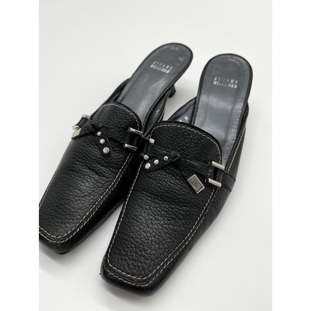 Stuart Weitzman Womens Mules Heel Black Leather Pebbled Slip On Square Toe 8.5